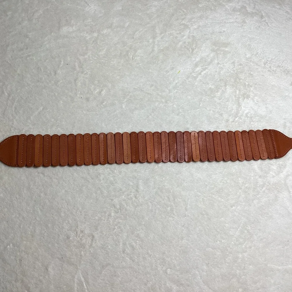 Anthropologie Cognac Brown Leather Wide Segmented Waist Cinch Belt XS Brass Buck - Picture 7 of 8